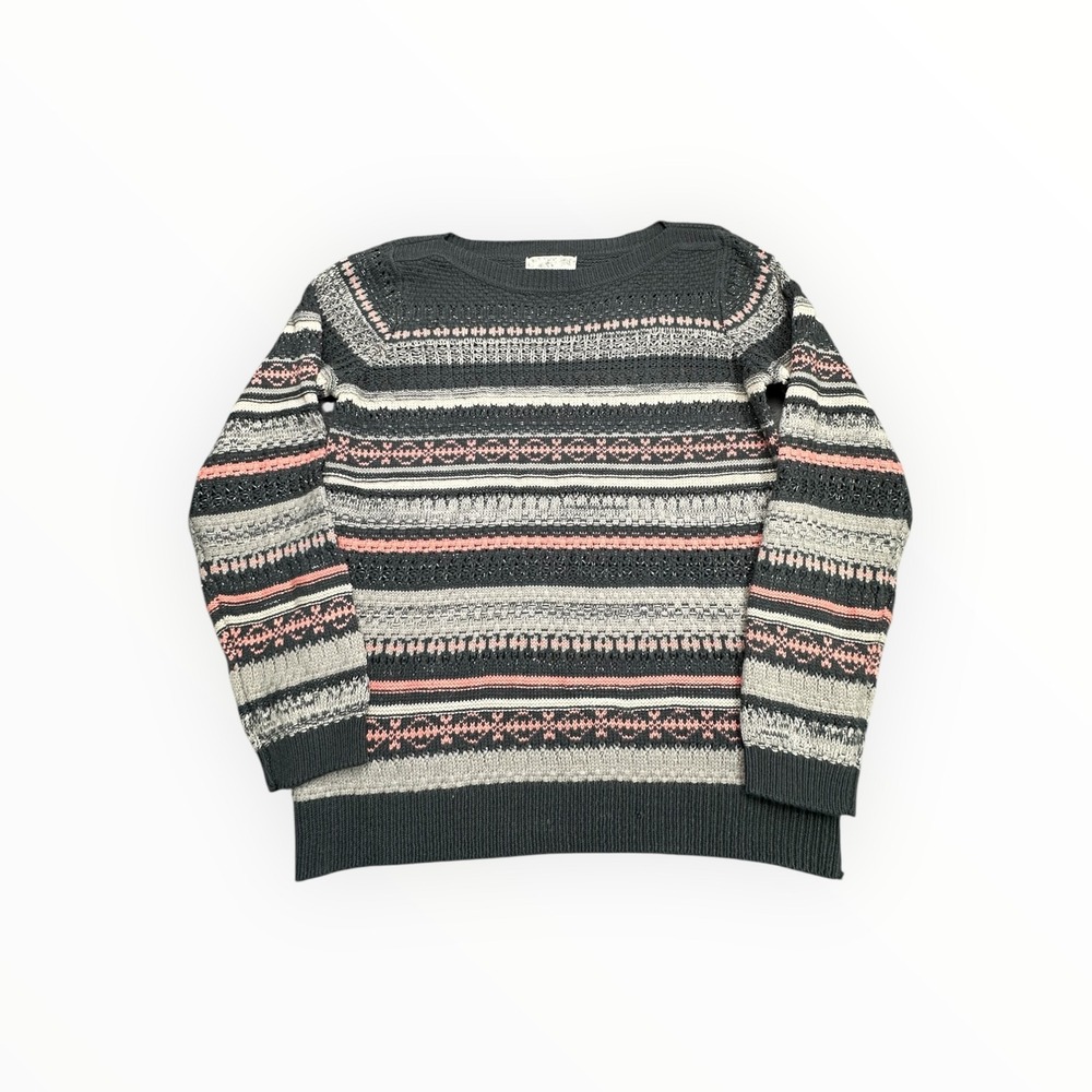 Debbie Morgan Womens‎ XL Fair Isle Metallic Knit Sweater Gray Pink Striped L/S